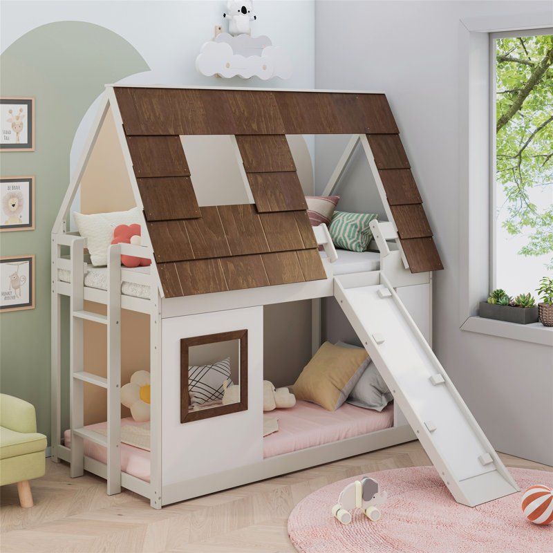 Chojolan Modern Canopy Bed Multifunctional Design House Bunk Bed with Ladder Window Roof Shape Design and Climbing Ramp Harper Orchard Color White